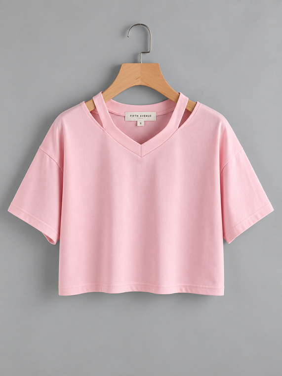 Fifth Avenue Women's ZEBB Slit V Neck Crop Top - Pink
