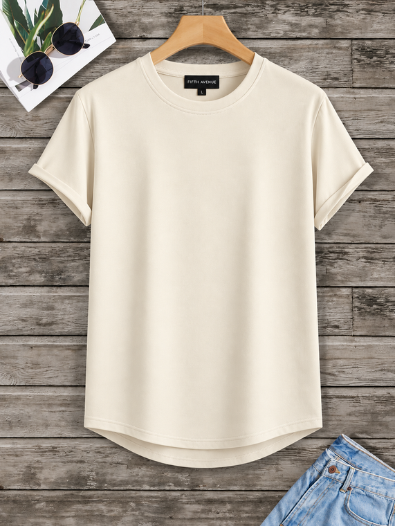 Fifth Avenue Plain AOKI Dip Hem T-Shirt - Cream