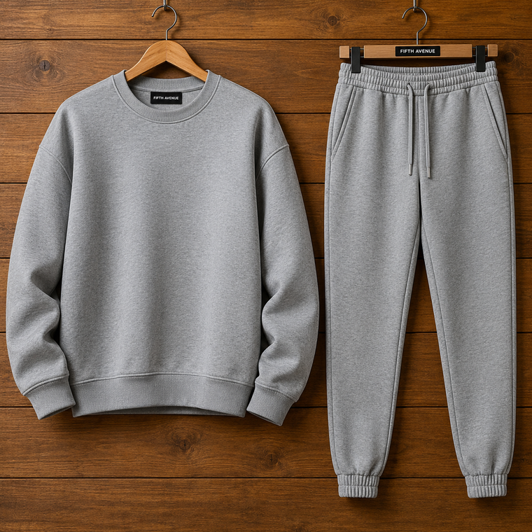Fifth Avenue Mens Classic Sweatshirt and Jogger Pants Plain Co Ord Set - Grey