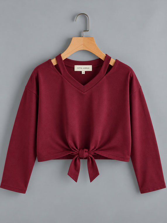 Fifth Avenue Women's ZEGLIR Slit V Neck Crop Top - Maroon