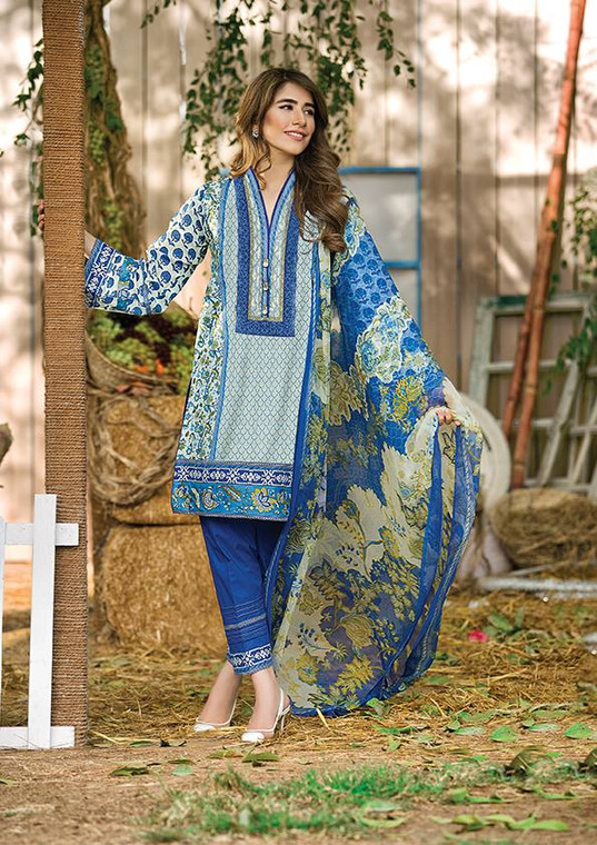 Al Karam LAWN 3 PIECE - CHIFFON WITH EMBROIDERY Design SS-133-Blue