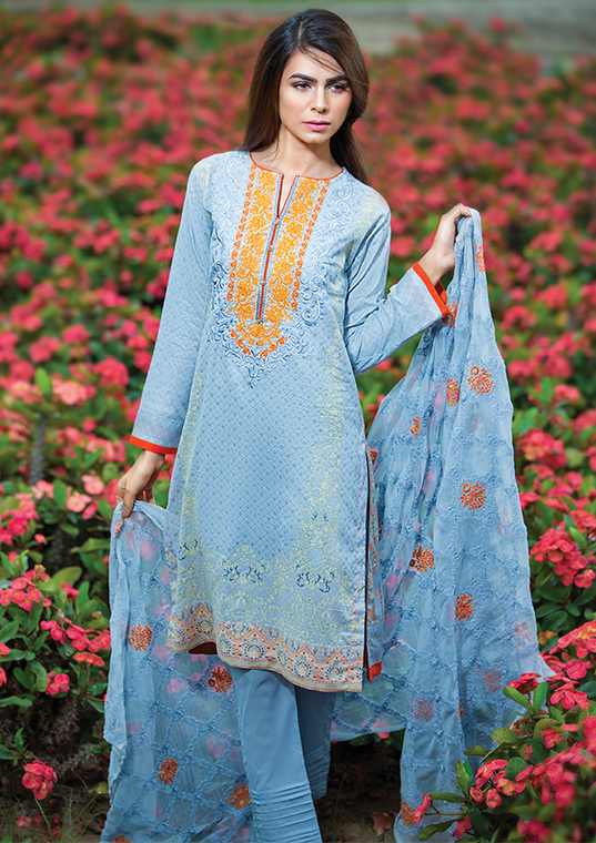 Al Karam LAWN 3 PIECE - EXCLUSIVE CHIFFON WITH EMBROIDERY Design SS-142-Grey