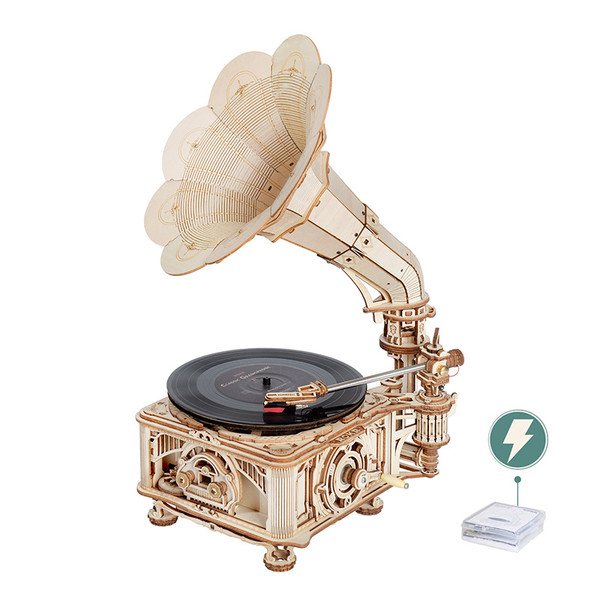 Robotime ROKR DIY Hand Crank Classic Gramophone Wooden Puzzle Model Building Kits Assembly Toy Gift for Children LKB01D