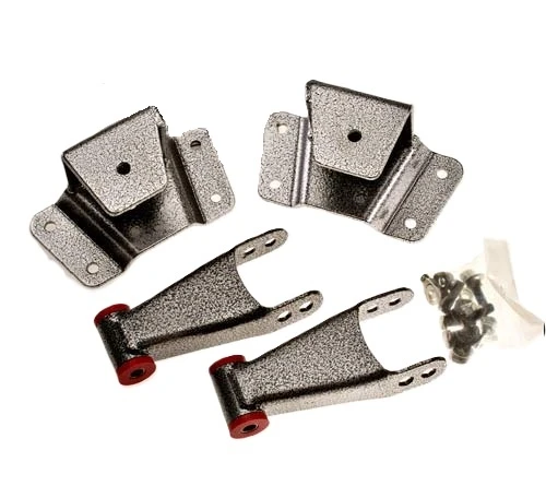 Rear leaf spring hangers and shackles
