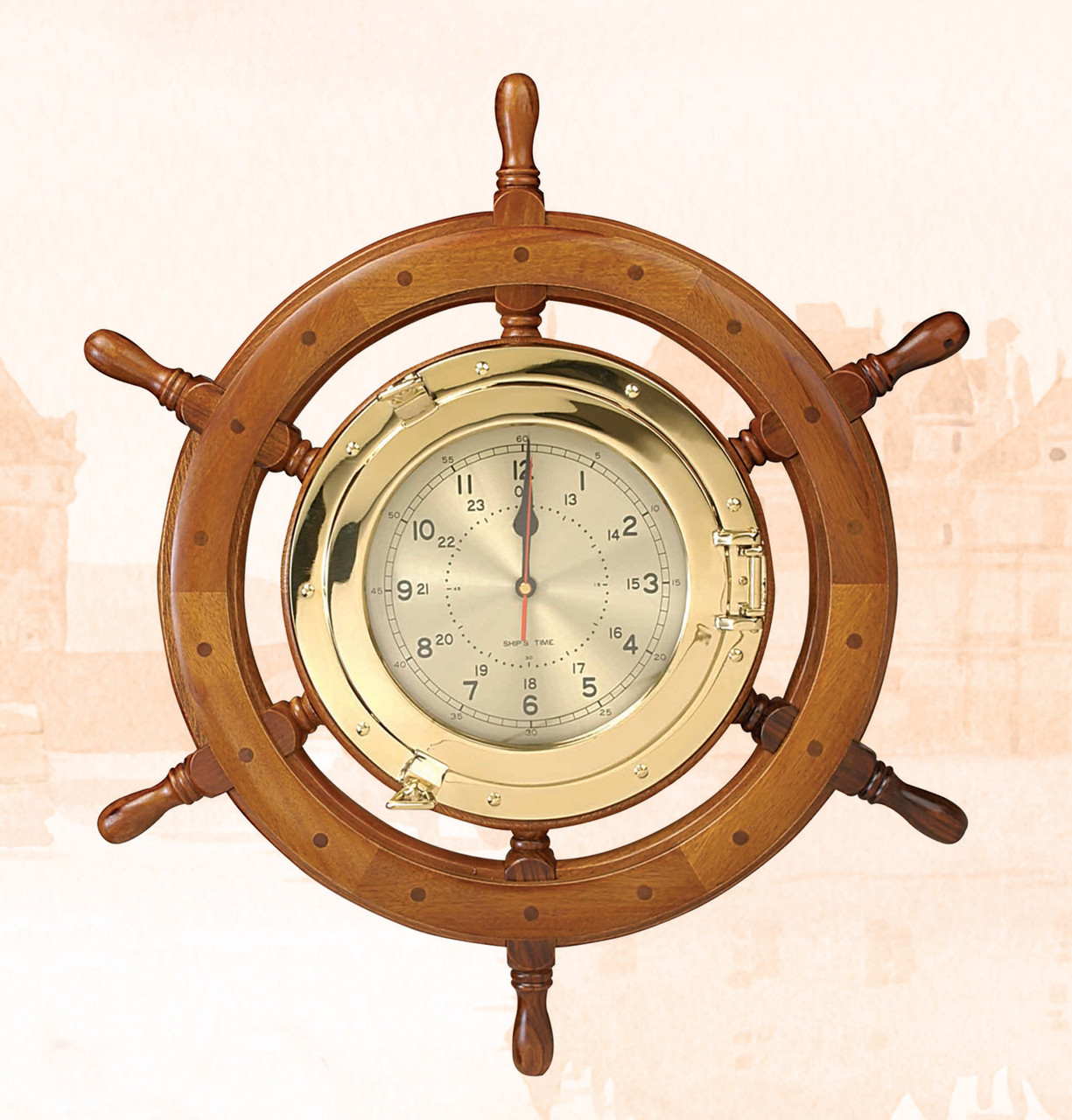  Private Label Oak Ship's Wheel Clock Brass Porthole Nautical 24  Wide : Home & Kitchen