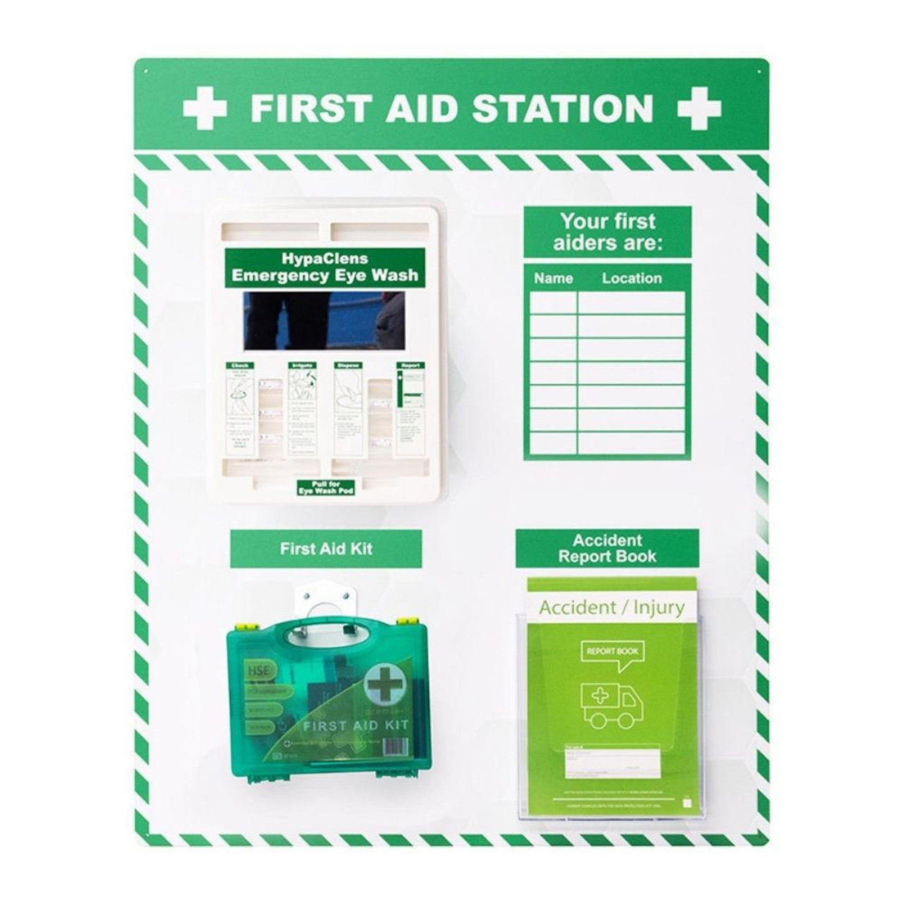 First Aid Station Inlcudes First Aid Kit Eyewash Dispenser Accident Book and Updateable First Aid Signage