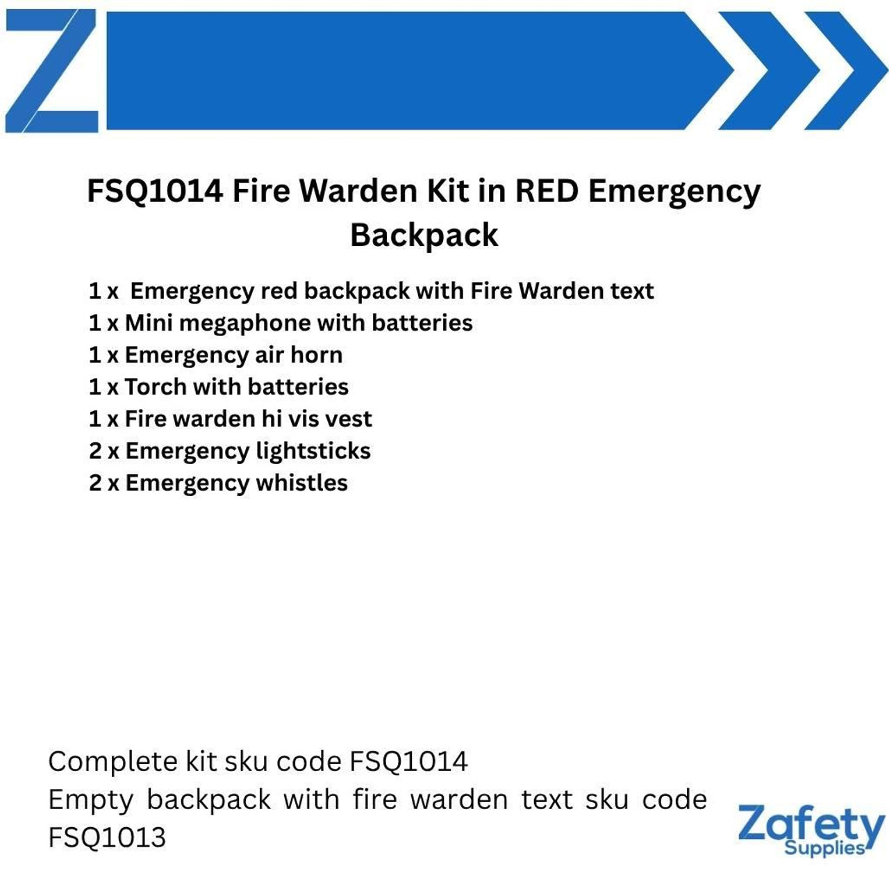 FSQ1014 Fire Warden Kit in RED Emergency Backpack  Zafety Supplies FSQ1014