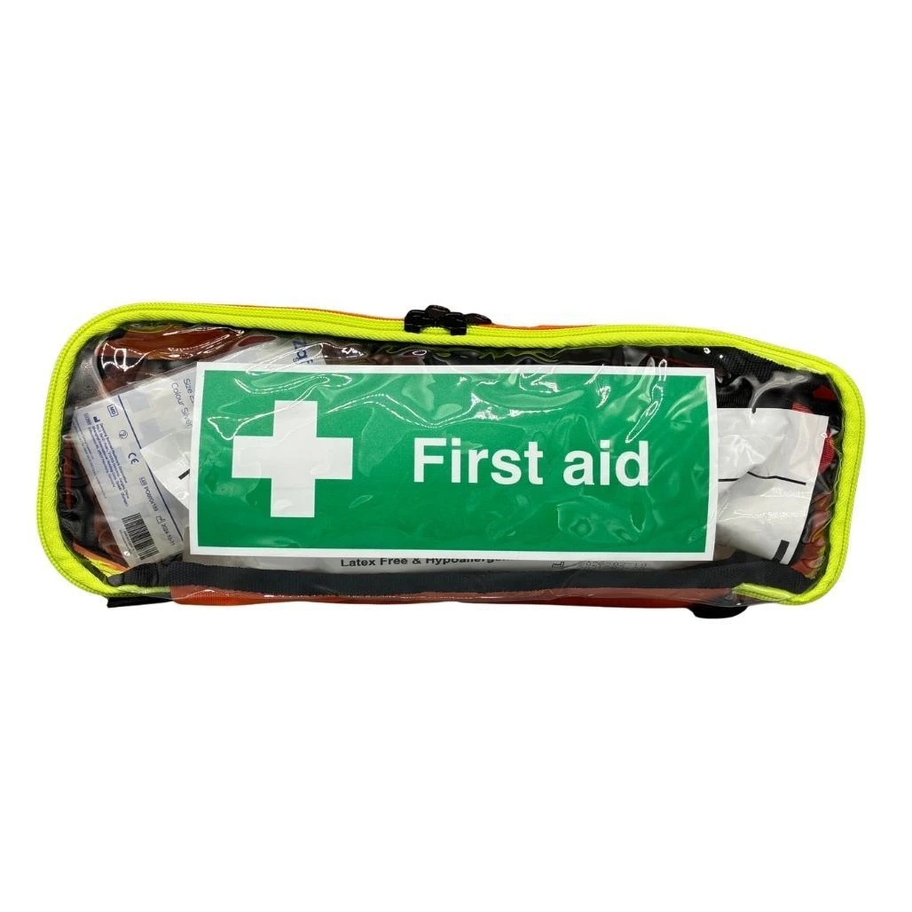 FAK9010P Forestry Personal First Aid Kit for Arborists and Chainsaw Operators in Orange Clear Front Pouch  Zafety Supplies 