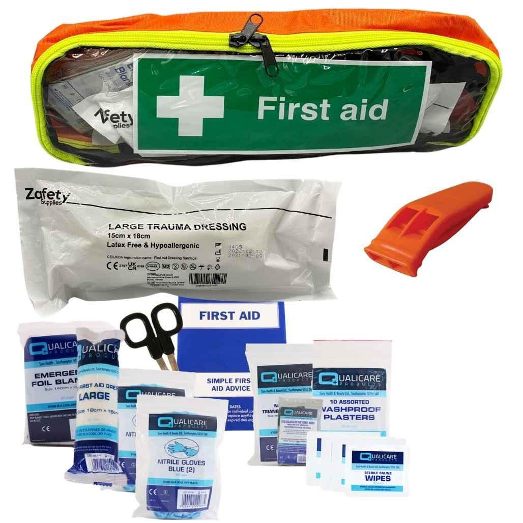 FAK9010P Forestry Personal First Aid Kit for Arborists and Chainsaw Operators in Orange Clear Front Pouch  Zafety Supplies 