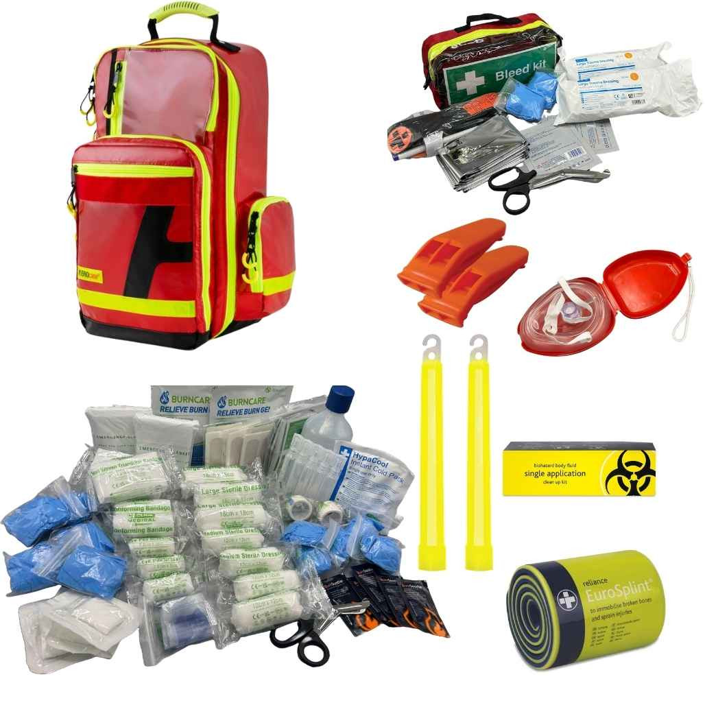 FAK9017 Large Forestry First Aid Kit for Teams of Arborists and Chainsaw Operators in Compact Water Proof PVC Backpack Red