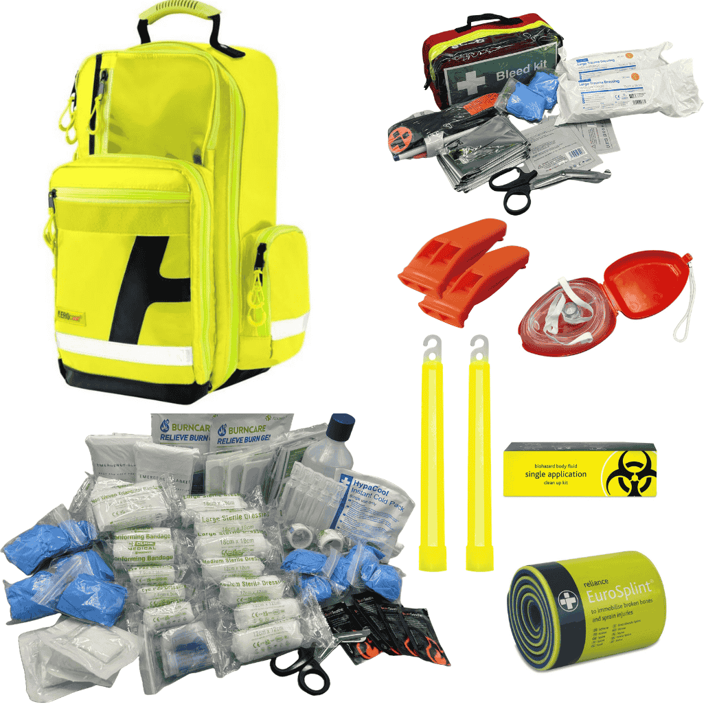 FAK9019 Large Forestry First Aid Kit for Teams of Arborists and Chainsaw Operators in Compact Water Proof PVC Backpack Yellow
