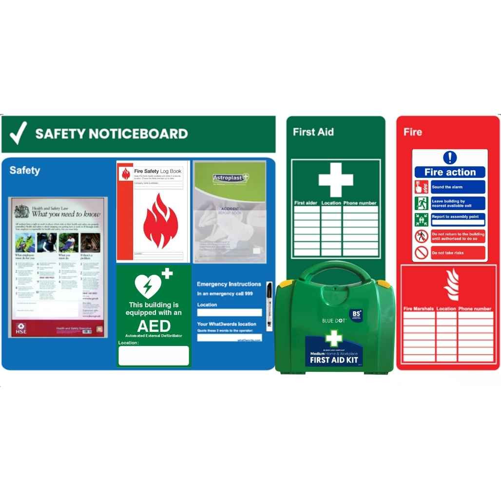 FAK8000 Site Safety Notice Board includes First Aid Fire Safety AED Signs Accident Book and Fire Log Book with signs