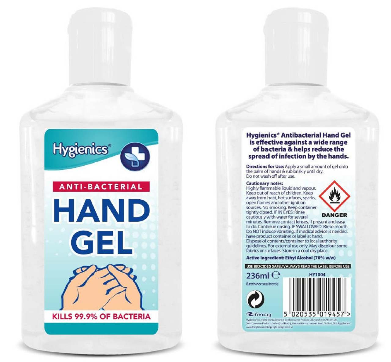 Hygienics Alcohol Hand Gel Sanitiser 236ml Flip Top Bottle 70percent Alcohol or Hygienics