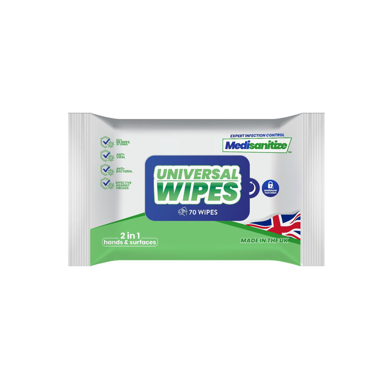 Medisanitize Antibacterial Sanitising Wipes Pack of 70 for Hand and Surfaces or Medisanitize