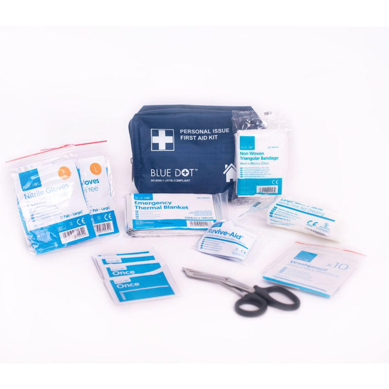 Personal Issue First Aid Kit In Blue Zip Bag British Standard BS 8599-1