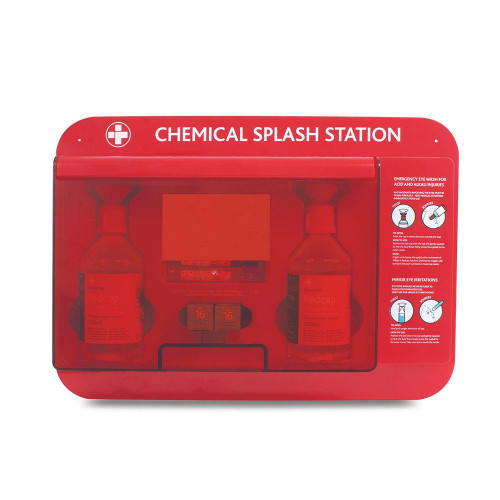 Chemical Splash Safety Station for Eyewash or Skin Flush Complete Red Cap   Chemical Splash Safety Station for Eyewash or Skin Flush Complete Red Cap