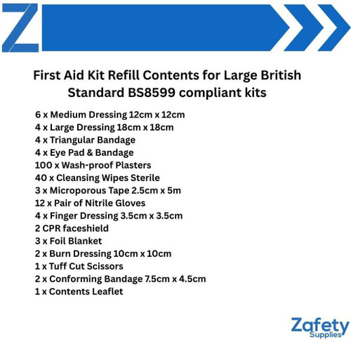 FAK2007 First Aid Kit Refill Contents for Large British Standard BS8599 compliant kits  Zafety Supplies 