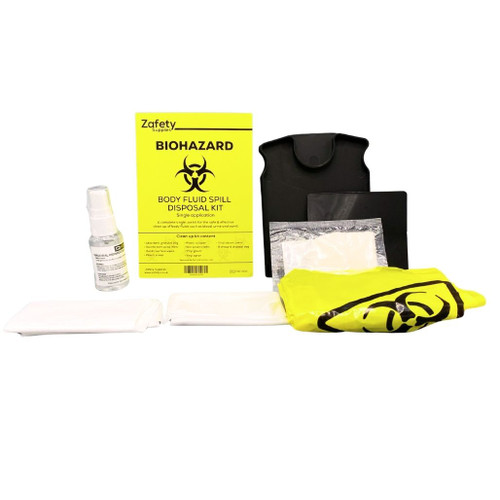 FBF1023Z Body Fluid Disposal Kit 1 Application for Safe Clean Up of Blood, Sick and Urine Zafety with contents laid out