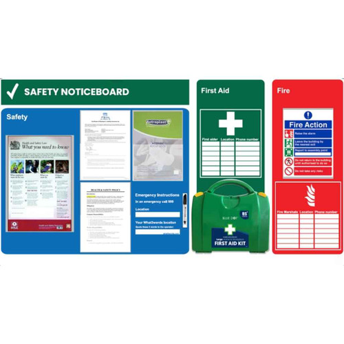 FAK8000 Site Safety Notice Board includes First Aid Fire Safety AED Signs Accident Book and Fire Log Book without signs