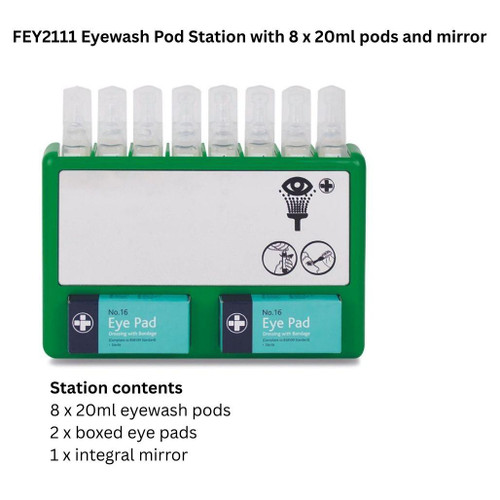 FEY2111P Eye Wash Pod 20ml Station | Complete with 8 pods and 2 eye pads    FEY2111P Eye Wash Pod 20ml Station | Complete with 8 pods and 2 eye pads
