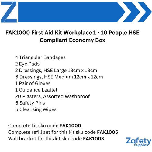 FAK1000PK20 Bulk Buy Case of 20 First Aid Kits Workplace 1 to 10 People HSE Economy Box Contents List