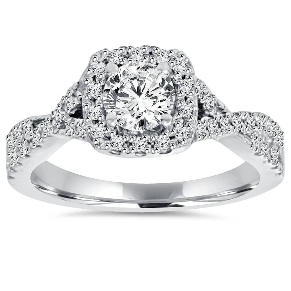 1 Carat Cushion Halo Diamond Engagement Ring - Round Center Stone In 14K White Gold, Women's Wedding Ring