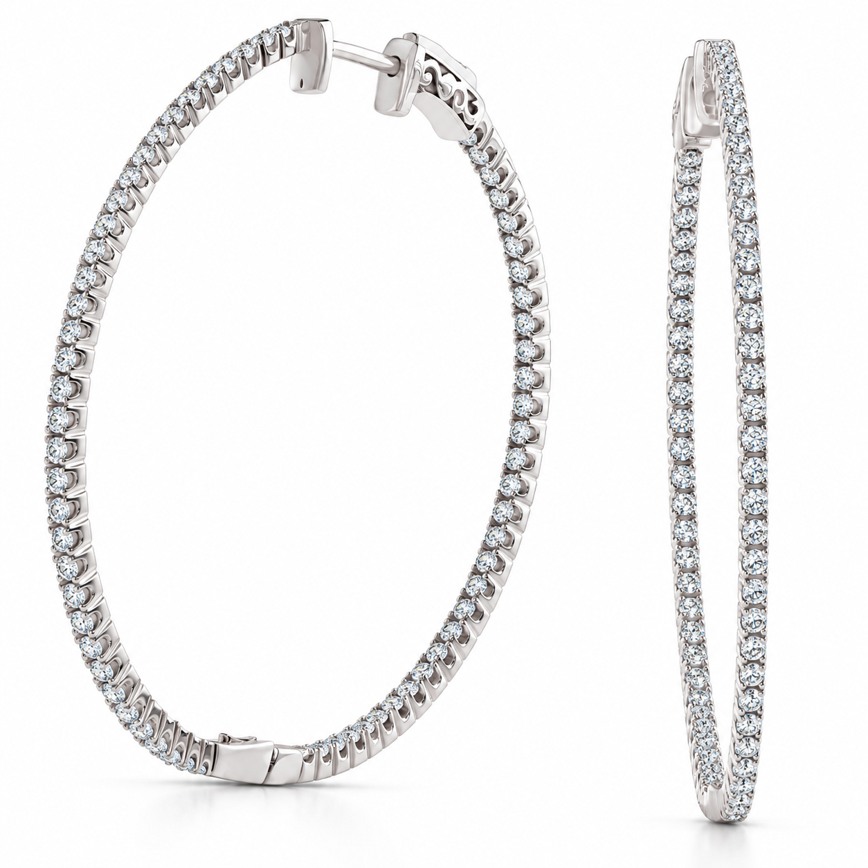 1 1/5 Ct Diamond Inside Outside Hoops 14k White Gold Vault Lock 2" Tall (G-H, SI)
