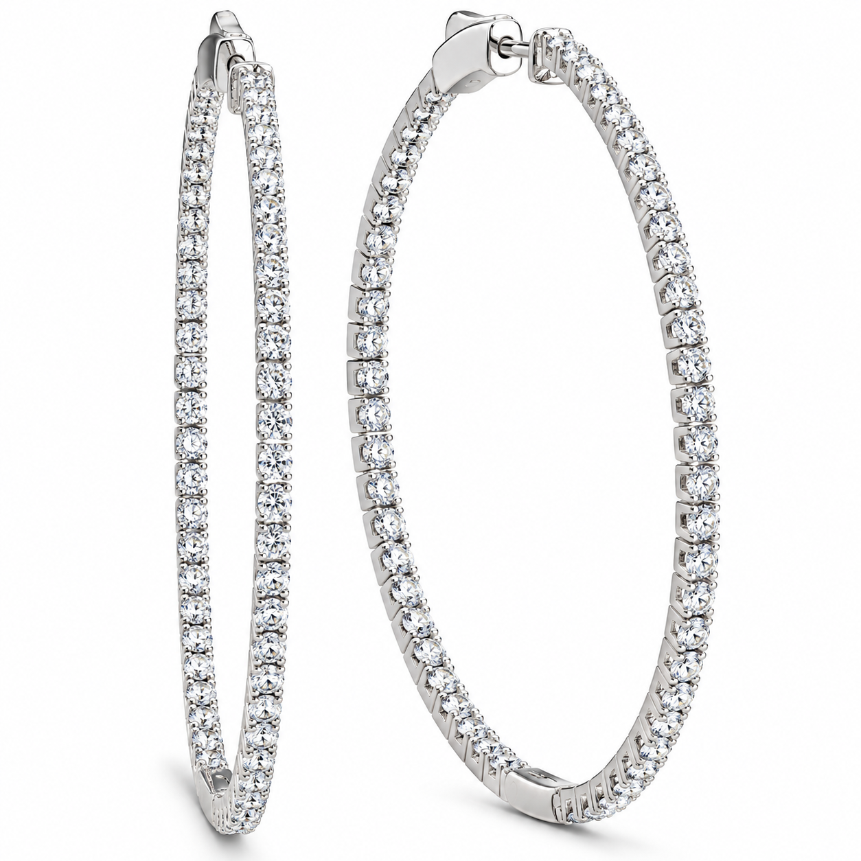 1 1/5 Ct Diamond Inside Outside Hoops 14k White Gold Vault Lock 2" Tall (G-H, SI)
