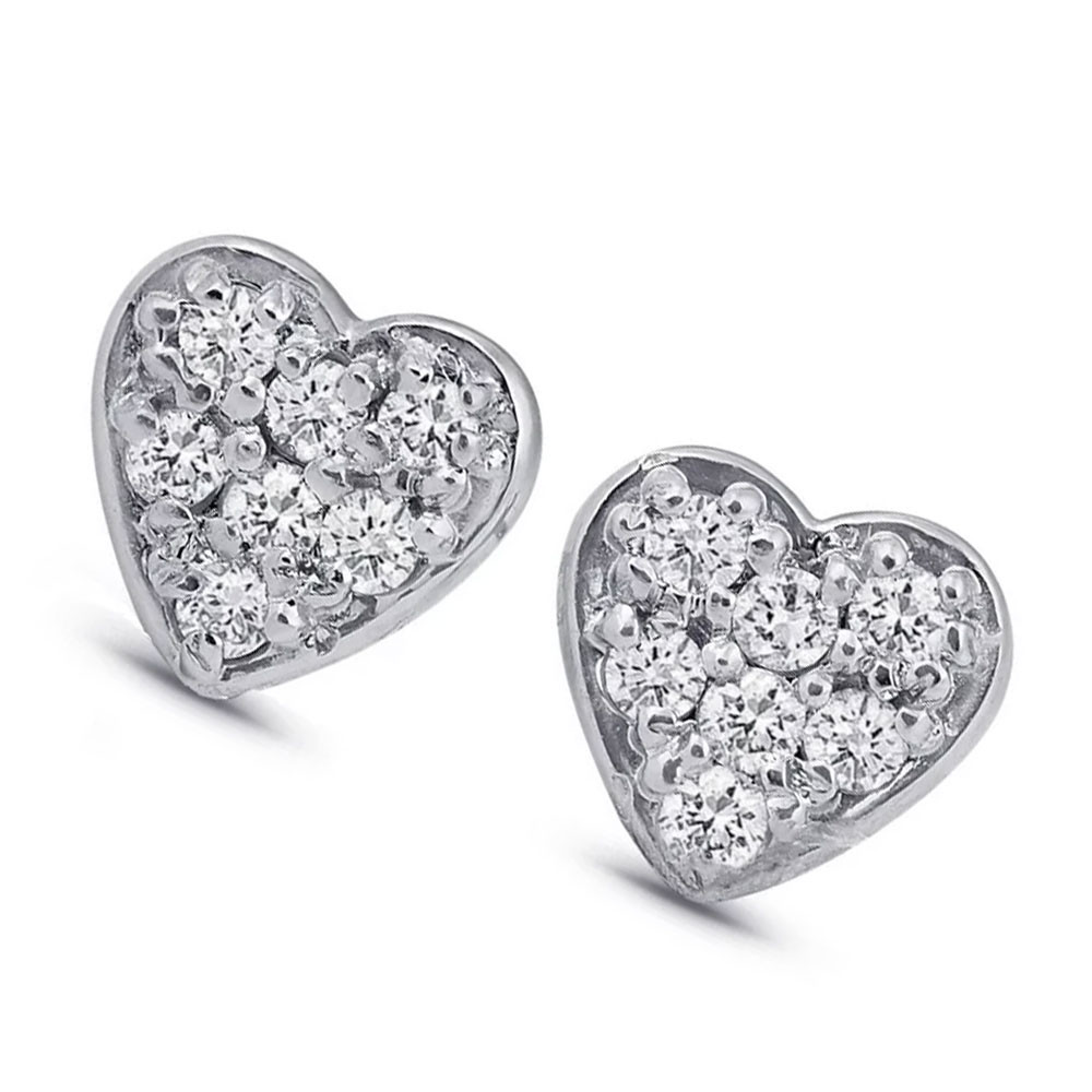 14K White Gold Diamond Pave Small Heart Studs Dainty High Polished 5.7MM (I-J, I2-I3)