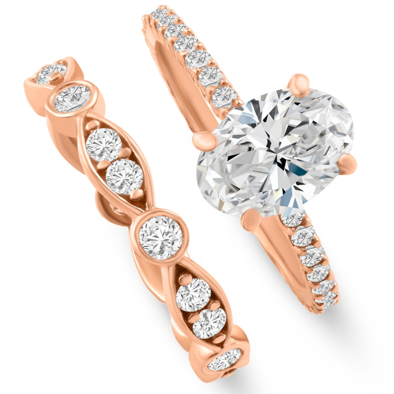 Halo Diamond Oval Moissanite Ring Set Rose Gold V Diamond Wedding Band