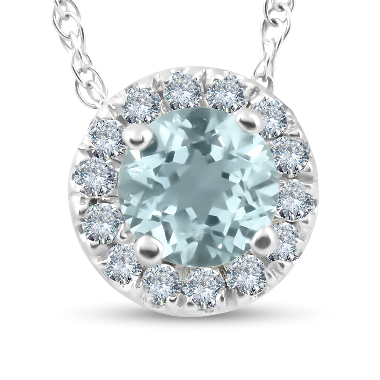 3/4ct Round Diamond & Aquamarine Halo Solitaire Pendant Necklace 14k ...