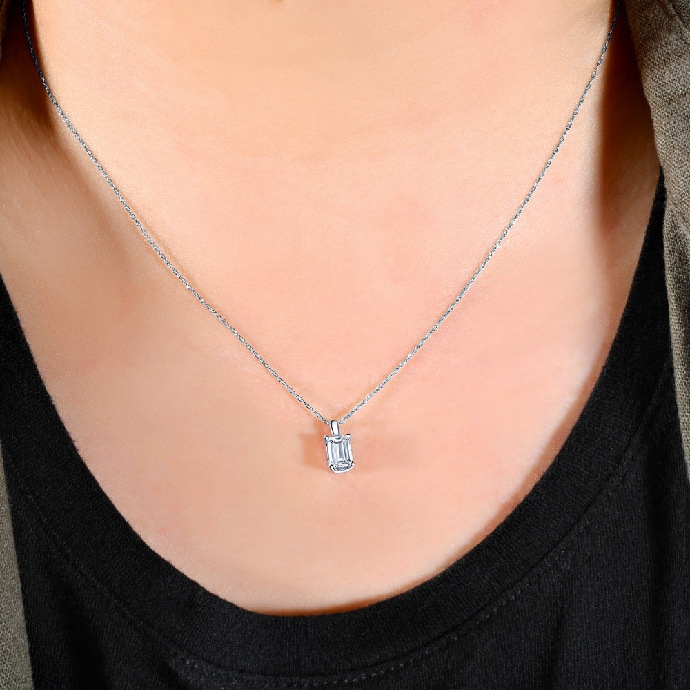 1 Ct Emerald Diamond Solitaire Pendant 14k White Gold Lab Grown (F-G, VS)