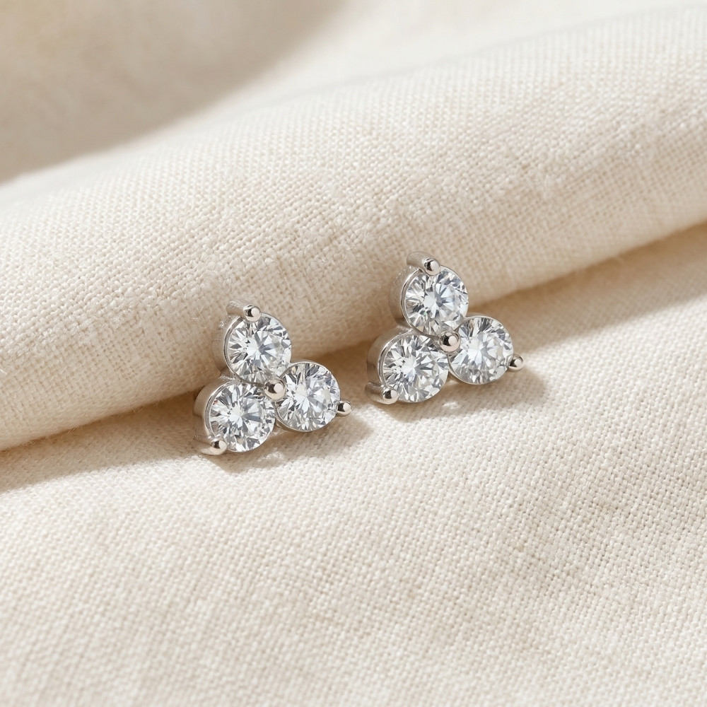 1 Ct 3 Stone Diamond Earrings 14K White Or Yellow Gold (I-J, I1)
