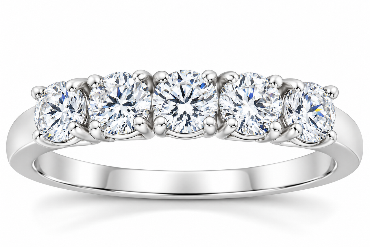 1 Ct Diamond Five Stone Tellis Wedding Ring 14k White Gold (H-I, )