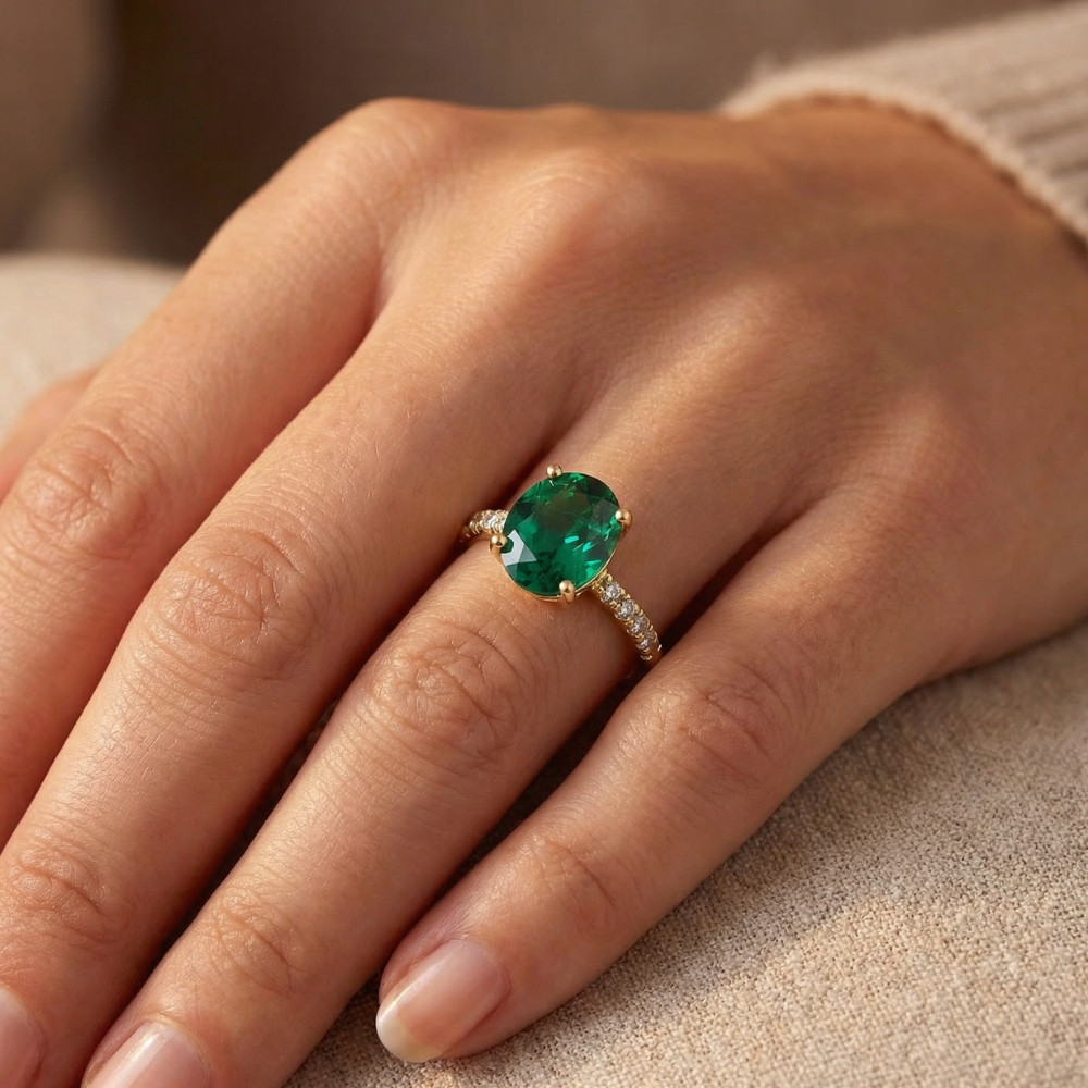 Emerald & Diamond 3/8 ct Ring 14k Yellow Gold Lab Grown (G-H, VS)