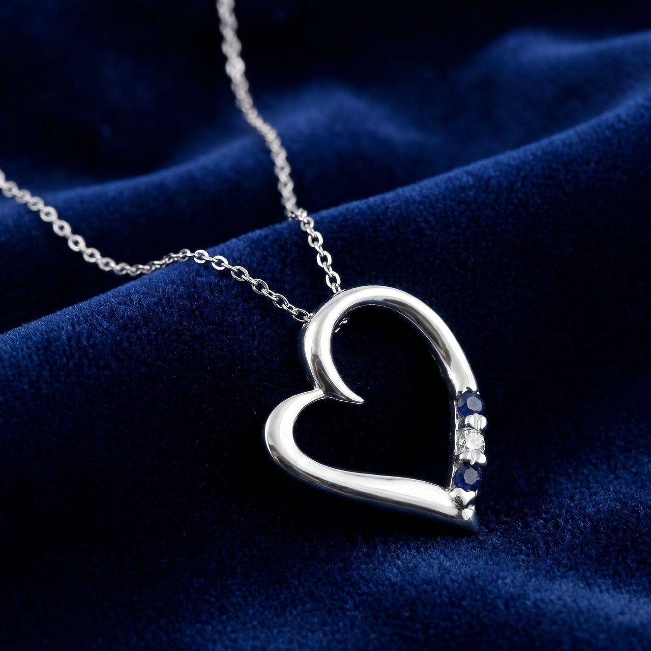 Diamond & Blue Sapphire Heart Pendant 3-Stone 14K White Gold with 18" Chain (G-H, I2-I3)