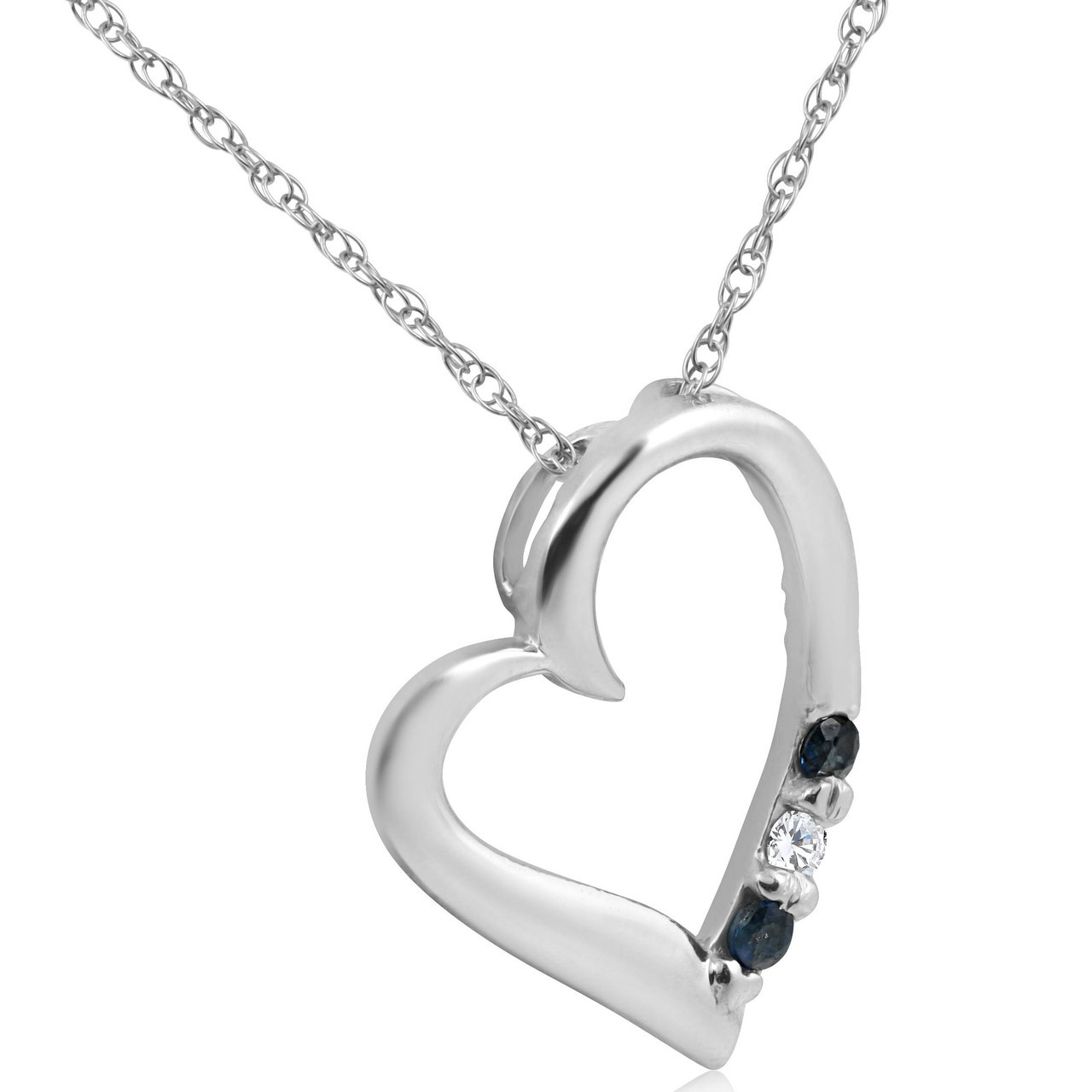 Diamond & Blue Sapphire Heart Pendant 3-Stone 14K White Gold with 18" Chain (G-H, I2-I3)
