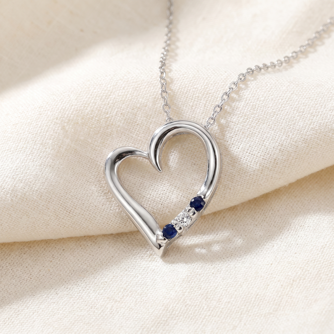 Diamond & Blue Sapphire Heart Pendant 3-Stone 14K White Gold with 18" Chain (G-H, I2-I3)