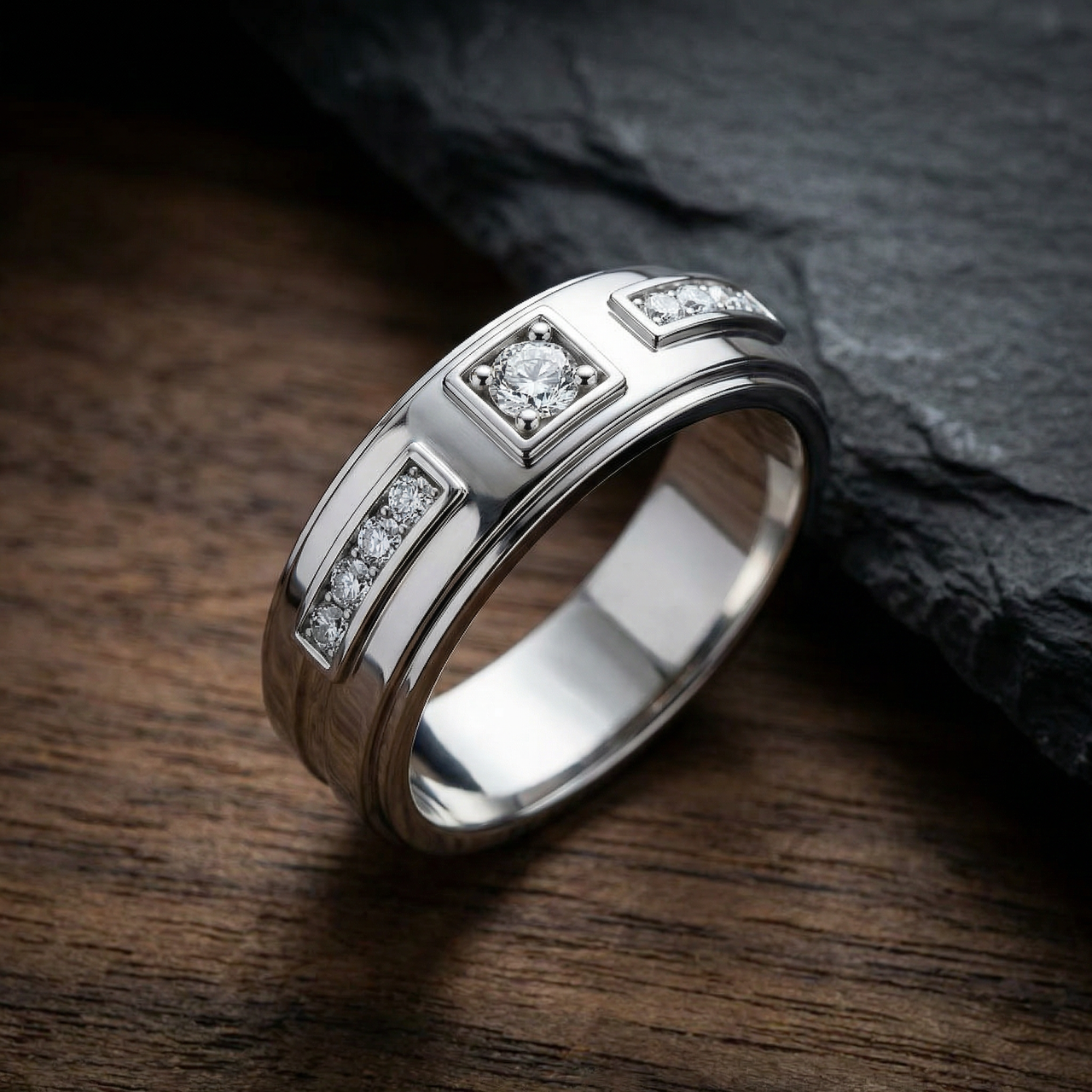 1/4 Ct Diamond Mens Wedding Band High Polished 7mm Ring (H-I, I1)