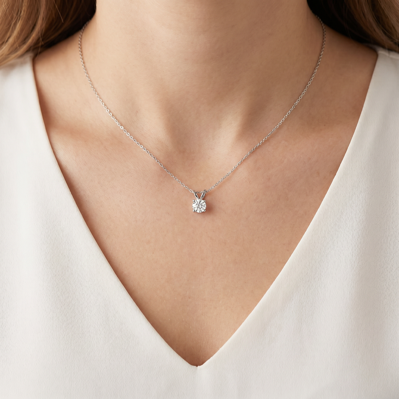1/2CT Diamond Solitaire Pendant 14K White Gold & 18" Chain Lab Grown (F-G, VS)