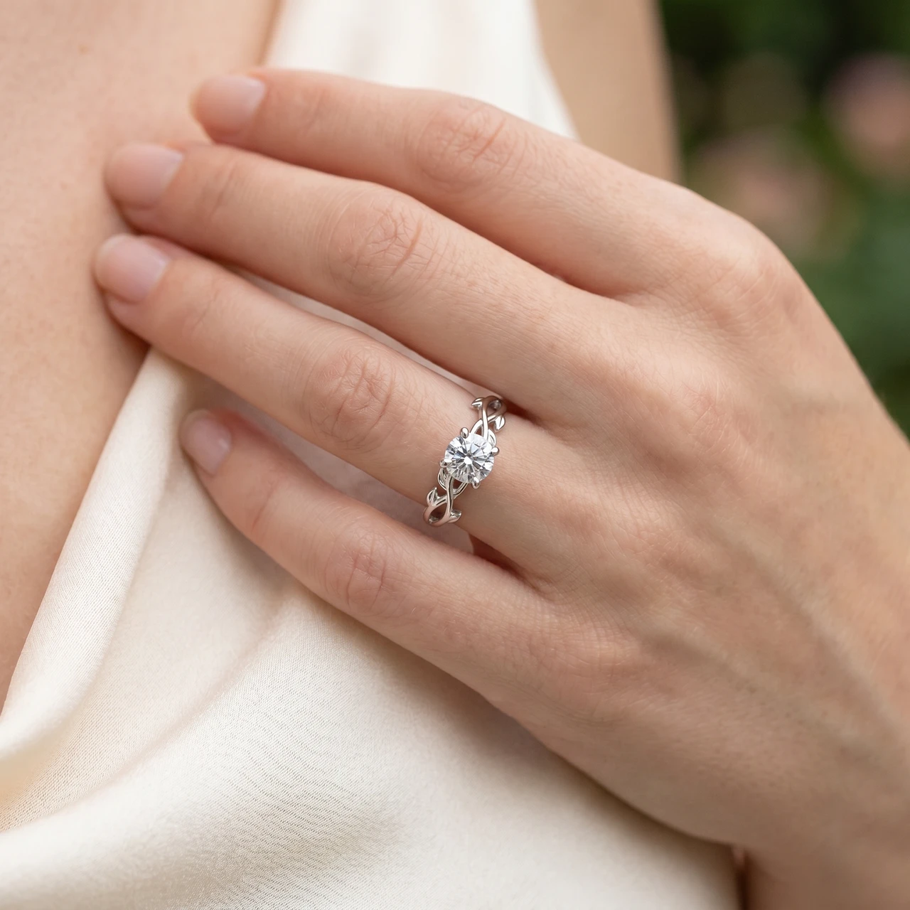 1 1/4 ct Solitaire Moissanite Vine Engagement Ring 14k White Gold (H-I, VVS)