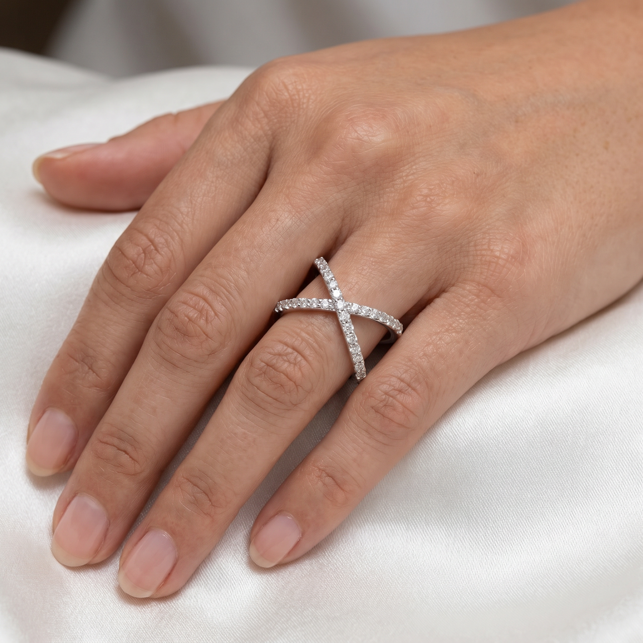 1 Ct Diamond X Ring Wide Womens Fashion Designer Band White Gold Lab Grown (F-G, VS)