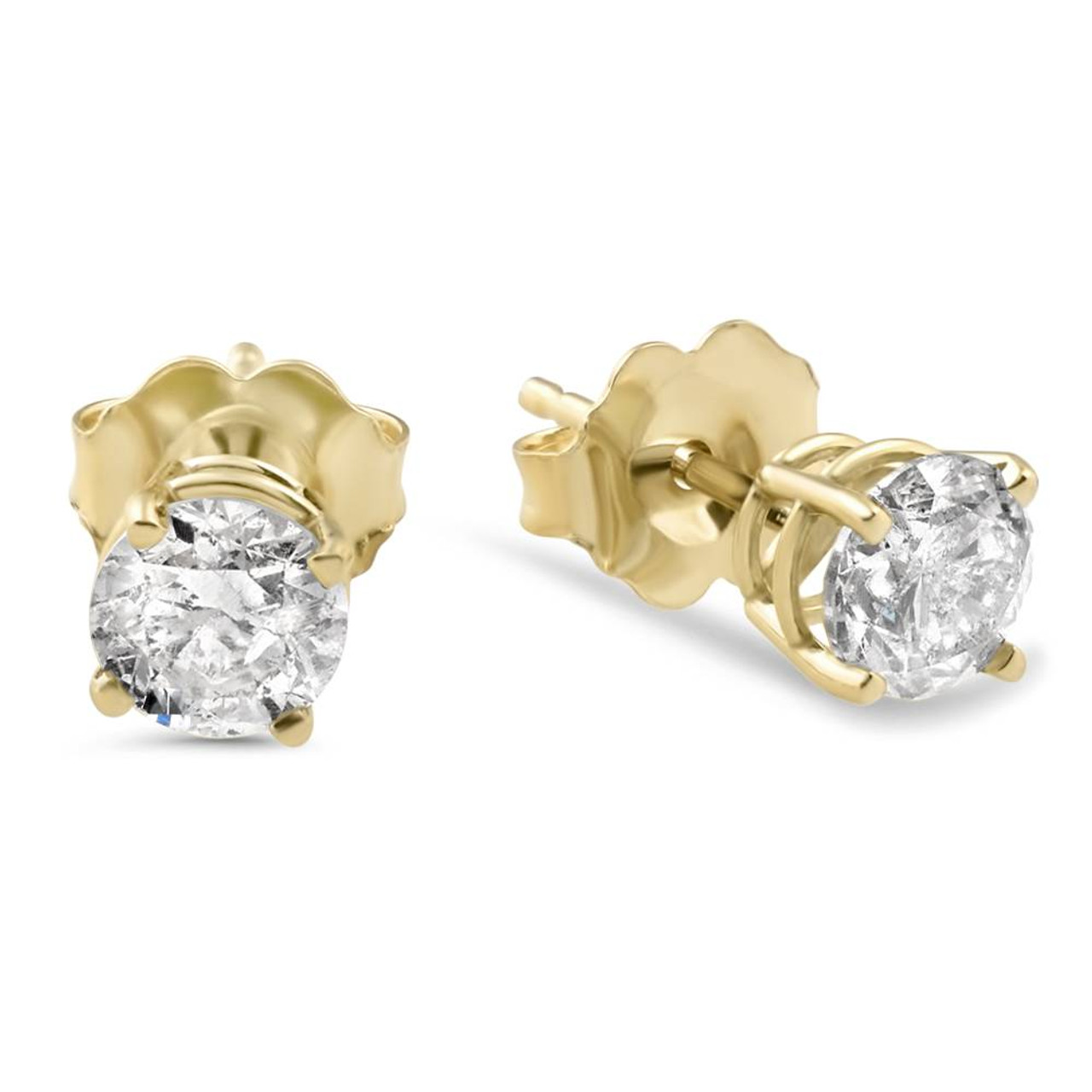 Genuine Diamond Stud Screw Back Earrings - 14k Yellow or White Gold in Gift  Box