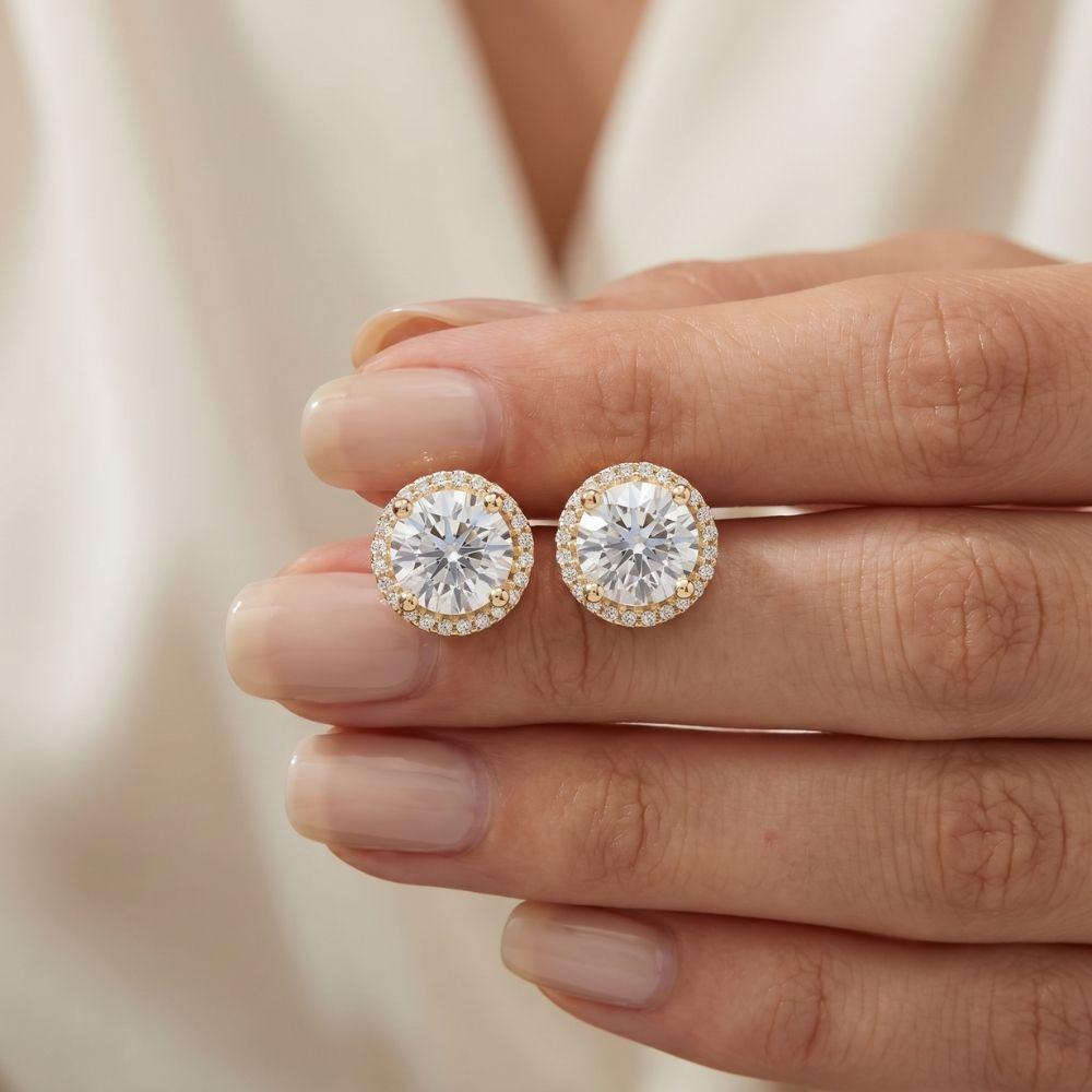2 1/5 Ct Diamond Halo Screw Back Studs 10k Yellow Gold Lab Grown (G-H, VS2-SI1)