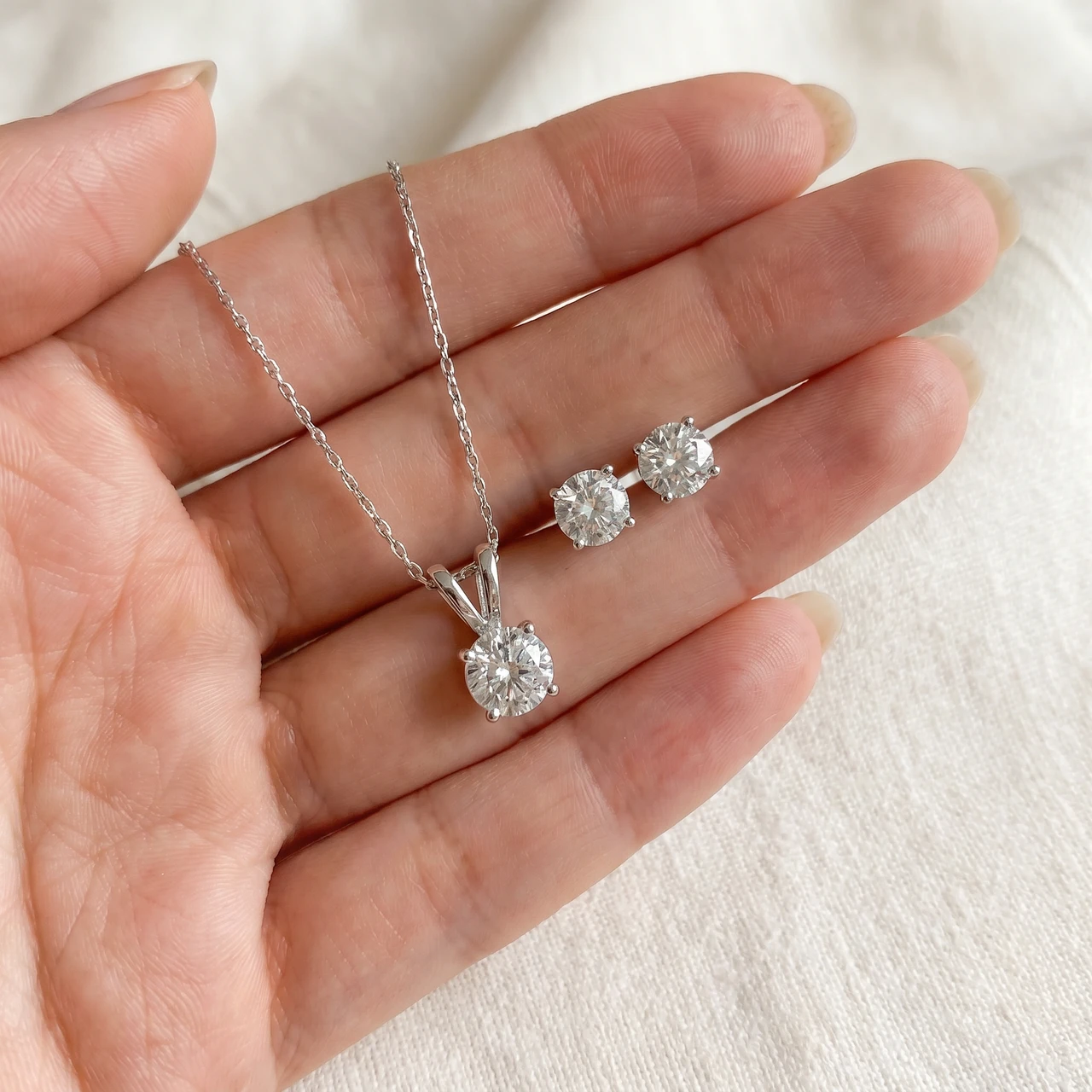 1/2Ct TW Diamond Solitaire Necklace Studs Set 14K White Gold Lab Grown (G-H, VS2-SI1)