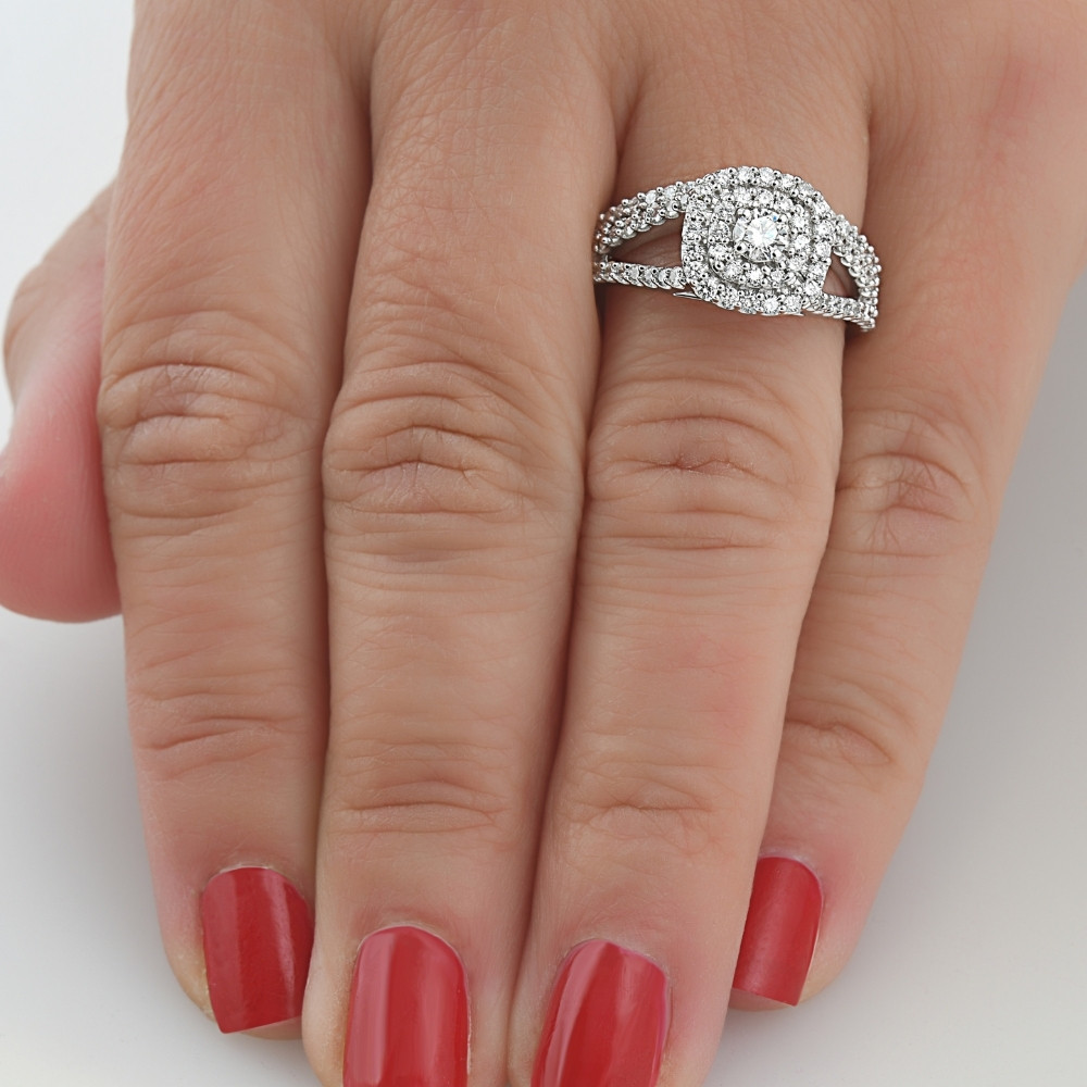 1 1/10 Ct Lab Grown Diamond Cushion Halo Engagement Wedding Ring Set White Gold (G-H, SI)