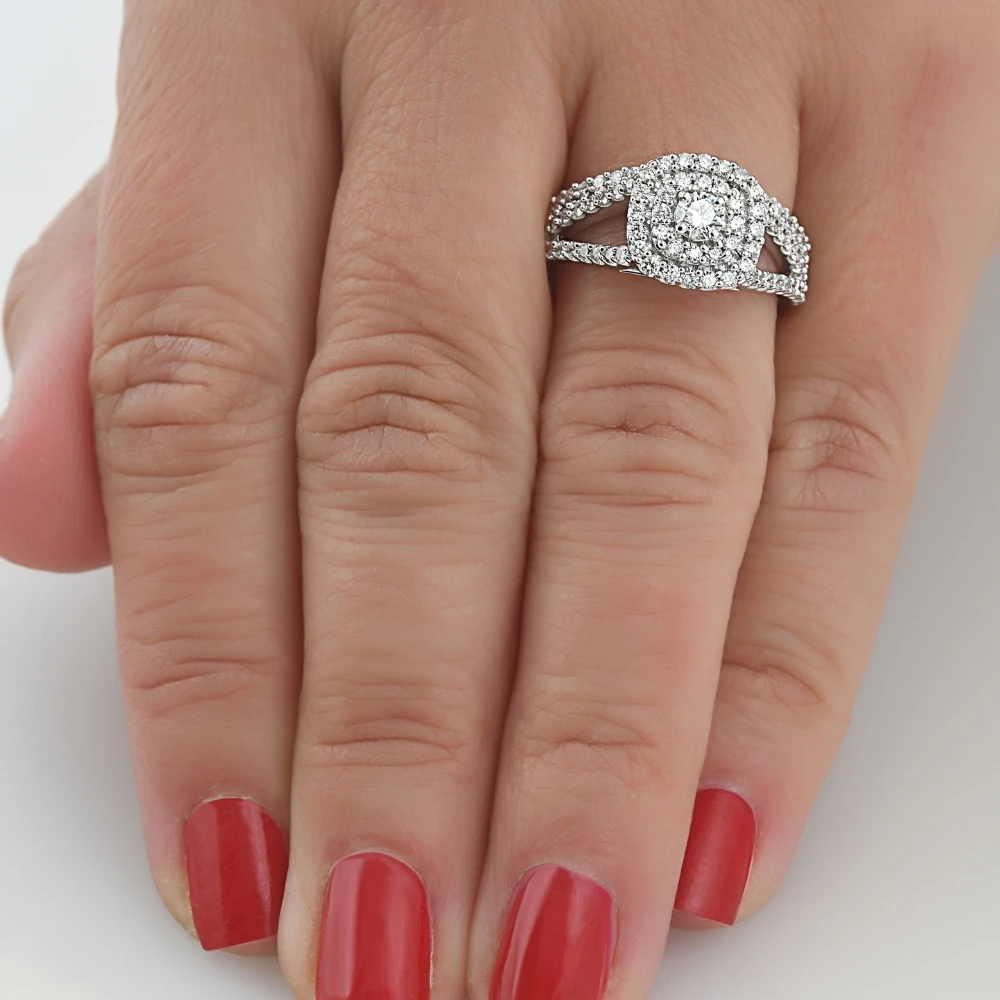 1 1/10 Ct Lab Grown Diamond Cushion Halo Engagement Wedding Ring Set White Gold (G-H, SI)