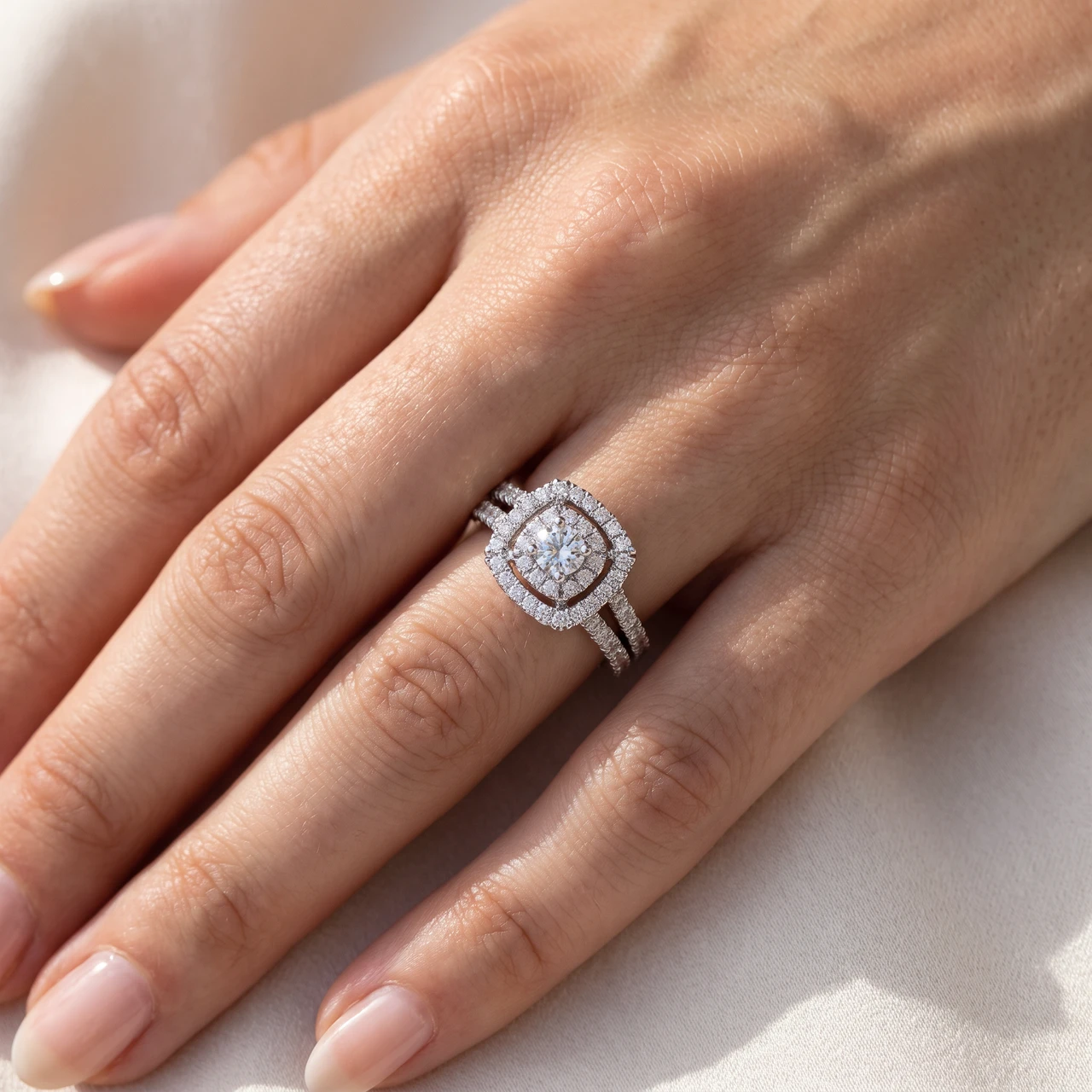 1 1/10 Ct Lab Grown Diamond Cushion Halo Engagement Wedding Ring Set White Gold (G-H, SI)