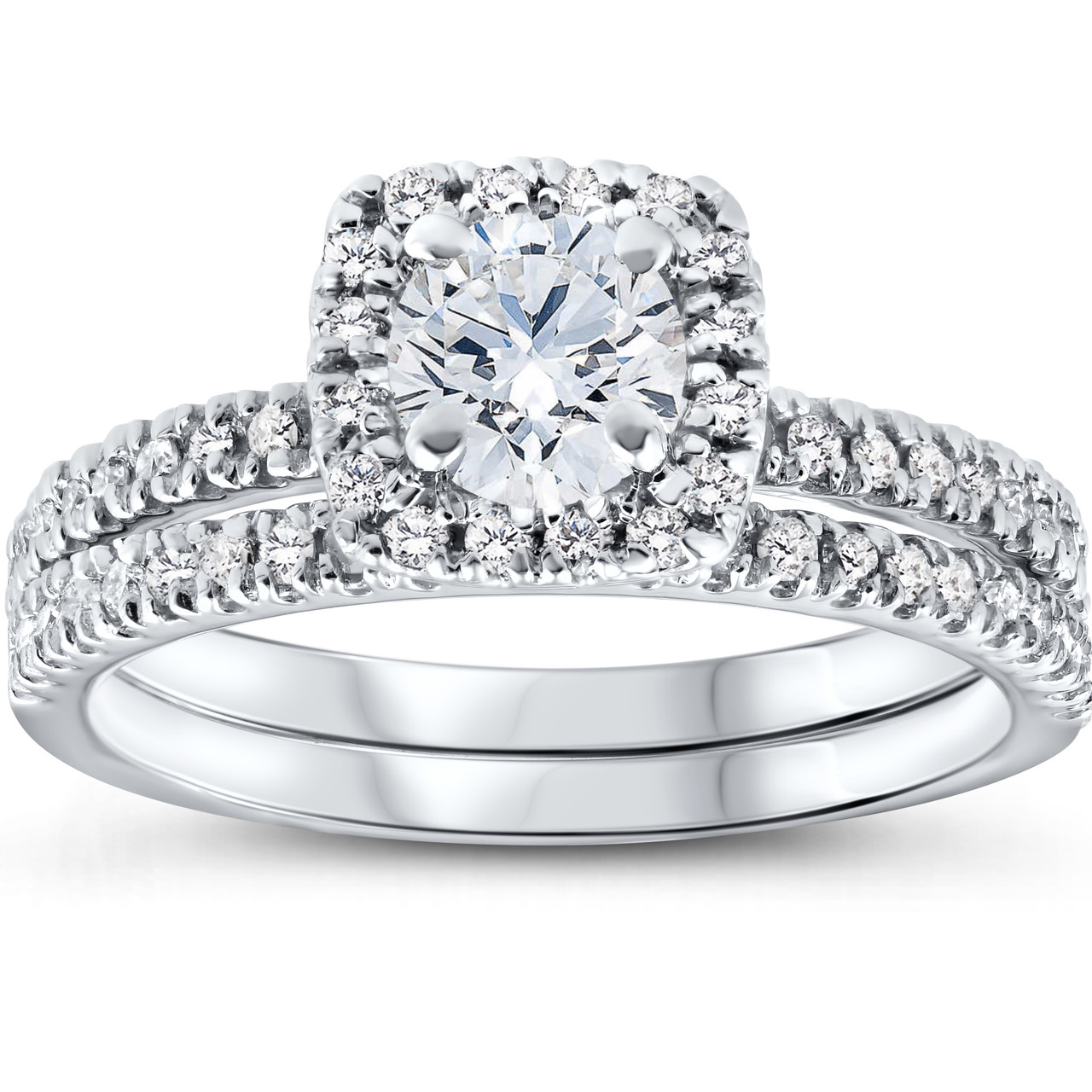 5/8 Ct Lab Grown Diamond Cushion Halo Engagement Wedding Ring Set White Gold EX3 (G-H, SI)