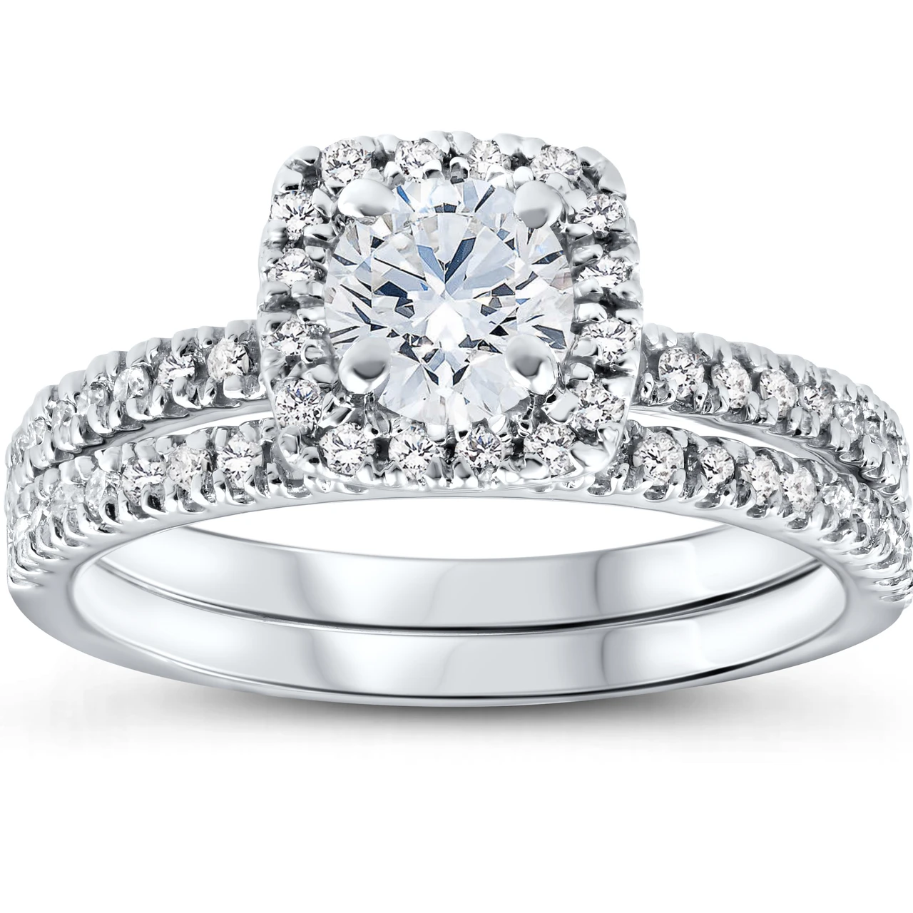 5/8 Ct Lab Grown Diamond Cushion Halo Engagement Wedding Ring Set White Gold EX3 (G-H, SI)